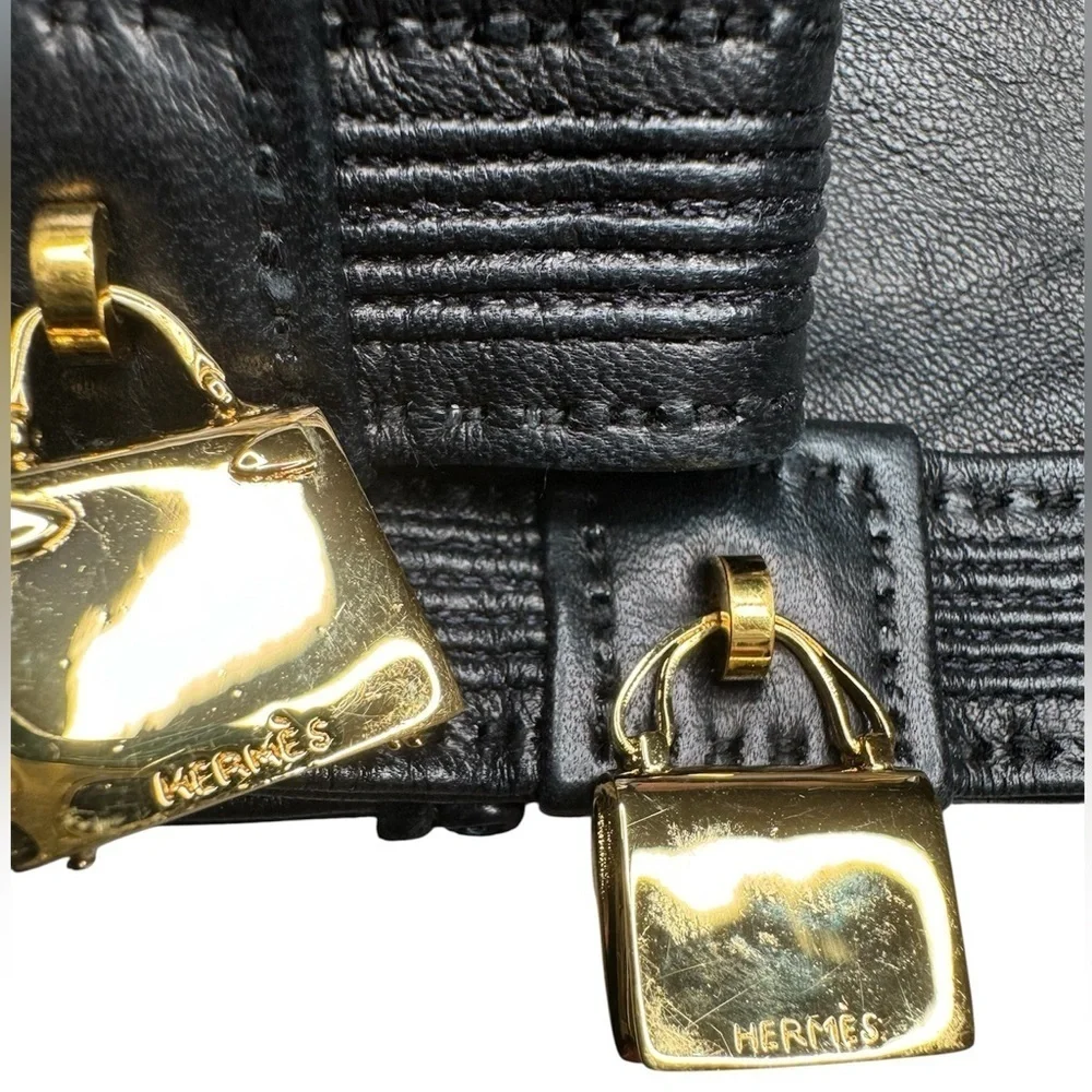 Hermes Kelly Constance Gold Amulette Black Lambskin Leather Gloves Size XS 6.5